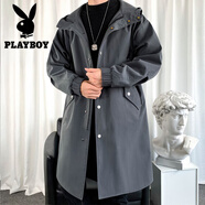 花花公子風(fēng)衣男士中長(cháng)款秋冬季港風(fēng)連帽長(cháng)款棉大衣韓版披風(fēng)加棉外套男 深灰色 XL 【建議體重 135-160斤】