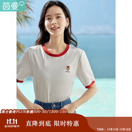 茵曼涼感撞色繡花女裝正肩短袖t恤2025夏季新品打底襯衫上衣 珍珠白 M