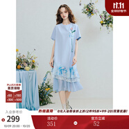 兩三事印象微光 2025夏季新款小清新立體勾花蕾絲拼接荷葉邊連衣裙 淺藍(lán)色 M