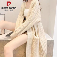 皮爾卡丹復(fù)古麻花溫柔風(fēng)中長款毛衣外套感長款過膝加厚針織開衫外套厚 米白色 A233雙口袋麻花開衫 M