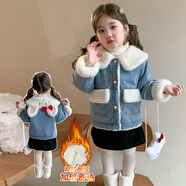七語欣童裝女童卡通加絨牛仔外套冬裝2025新款女孩寶寶兒童保暖外套大衣 加絨貓咪牛仔外套+小包 120 (適合身高110-120cm)