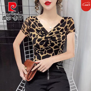 皮爾卡丹（pierre cardin）短袖上衣女歐洲站2025夏季新款時尚豹紋印花性感V領修身網(wǎng)紗T恤 U11-短袖【豹紋】 S 建議90-100斤