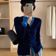 GOCHIEI撞色v領(lǐng)針織開衫早秋氣質(zhì)輕熟風(fēng)單排扣毛衣韓版洋氣修身顯瘦上衣 藍色 S