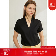 AMII女裝2025夏季新款氣質(zhì)V領連肩短袖T恤女純色直筒支彈力女上衣 黑色 S