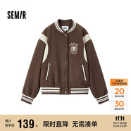 森馬（Semir）外套女刺繡拼接撞色寬松夾克2024冬季仿毛呢棒球服109724108004