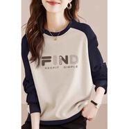 以純（YISHion）出口女裝純棉長(cháng)袖寬松衛衣秋冬文藝時(shí)尚撞色圓領(lǐng)印花上衣 杏色【咖點(diǎn)FIND】 M (建議115斤內)