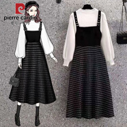 皮爾卡丹兩件套裝女新款秋冬季寬松顯瘦加厚針織毛衣衫時(shí)尚格子背帶連衣裙 套裝 白色毛衣+黑色印花裙版 2XL 建議130斤-150斤