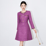 MOSPOKE-小香風(fēng)長(cháng)袖感收腰通勤優(yōu)雅女神范中長(cháng)款連衣裙款 紫色 M