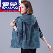 羅蒙（ROMON）高檔短外套女印花中年大號女春秋寬松顯瘦夾克新款連帽老媽裝 孔雀藍(lán) 有內(nèi)襯 2XL 110-120