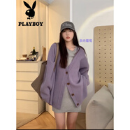 花花公子（PLAYBOY）慵懶風(fēng)單排扣針織開(kāi)衫2024秋冬新款寬松韓版中長(zhǎng)款毛衣外套上衣女 紫色官方旗艦版 M