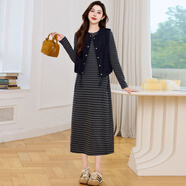 歐潤娜時(shí)尚輕熟風(fēng)復古氣質(zhì)馬甲兩件套連衣裙女春秋款休閑顯瘦條紋衛衣裙 牛仔藍+條紋 S 85-100