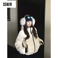 森馬（Semir）超好看粉色連帽撞色羽絨服外套女裝2025冬季新款排骨寬松保暖羽絨 白色 S