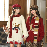 森女部落甜美風(fēng)可愛(ài)刺繡套頭毛衣女2025新款秋季設計感寬松針織衫 米白色毛衣(有圍巾） 單件 M