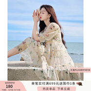 香影（xiangying）碎花連衣裙女2025年夏季新款系帶木耳邊仙氣海邊飄逸寬松裙子 米色 S
