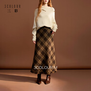 三彩2025冬季新款格紋半身裙毛邊A字裙毛呢長(cháng)裙復古M 咖啡色格紋 XL 170/76A