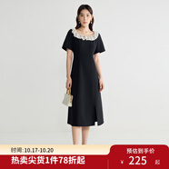 獨束大碼女裝優(yōu)雅蕾絲花邊領(lǐng)小黑裙夏裝赫本風高腰A字中長款裙子 赫本黑-長款 3XL (尺碼：5)