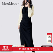 MeetMetro瑪依爾2025秋季新撞色拼接不規(guī)則開叉修身包臀連衣裙女 黑色【現(xiàn)貨閃電發(fā)】 XL