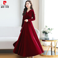 皮爾卡丹（pierre cardin）金絲絨連衣裙洋氣長(cháng)袖2025春夏款V領(lǐng)收腰顯瘦遮肚氣質(zhì)大擺長(cháng)裙女 5305酒紅色(V領(lǐng)款) M (100-110斤)