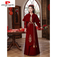 皮爾卡丹（pierre cardin）大碼敬酒服新娘結(jié)婚回門服定親酒紅色長袖絲絨訂婚連衣裙禮服女冬 酒紅色068加披肩 S (胸圍80，腰圍63) (90斤—100斤）