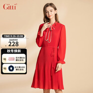 吉蒂（GITTI）連衣裙女春季高端輕奢時尚優(yōu)雅V領(lǐng)蝴蝶結(jié)收腰長袖雪紡百褶中長裙 130 紅 1S