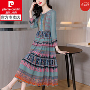 皮爾卡丹（pierre cardin）紗料連衣裙女春秋裝2025年新款減齡素連衣裙女士端莊大氣女裝裙子 花色 XL