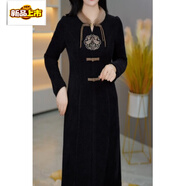 初徑左曼時(shí)尚復古長(cháng)袖連衣裙女2025秋冬新款配大衣修身加絨加厚打底裙 黑色 XL