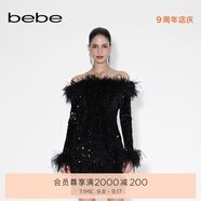 bebe冬季系列女士時尚純色一字領毛毛亮片長袖連衣裙450009 黑色 XS