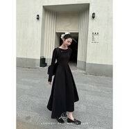 鷺青一原創(chuàng  )【弗朗夜】針織連衣裙女春秋高端暖絨斜肩設計感打底裙 黑色斜肩 XS （現貨）