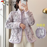 啄木鳥東北休閑碎花大花棉襖女冬季小個子復古盤扣加絨保暖棉衣棉服外套 升級款毛毛口袋-紫色 2XL 105-120斤