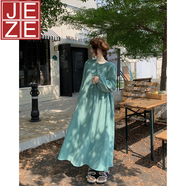 JEZEchic粉色燈芯絨連衣裙女秋季2025新款洋氣收腰燈籠袖淑女A字裙子 1165#藍綠色 品質(zhì)現貨 L 建議100-110斤