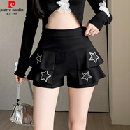 皮爾卡丹高腰短褲裙女秋冬季新款荷葉邊拼接顯瘦闊腿褲洋氣A字半身裙靴褲 黑色-五角星 XL