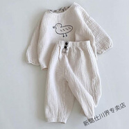 格素凡嬰兒衣服春秋薄款休閑棉麻小童兩件套六個月一歲男女寶寶春秋夏裝 米白 90 碼