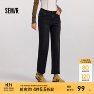 森馬（Semir）森柔牛仔|牛仔褲女抓毛長褲女生冬季半松緊腰直筒褲美式休閑 牛仔水洗黑98201 2XL