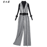 范哲莎赫本氣質(zhì)連體褲御姐背帶褲套裝女秋冬季新款洋氣毛衣闊腿褲 淺灰色單褲+毛衣 M
