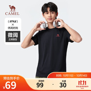 駱駝（CAMEL）運動速干T恤透氣寬松戶外休閑圓領(lǐng)情侶短袖夏季男款，黑色XL
