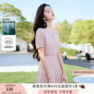 香影（xiangying）粉色v領(lǐng)連衣裙女2025夏季新款肌理感法式甜美收腰泡泡袖裙子 粉紅 L