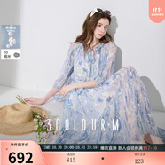 三彩2025夏季新款真絲連衣裙桑蠶絲九分袖碎花長(zhǎng)裙兩件套M 天空藍(lán)花卉 M 160/84A