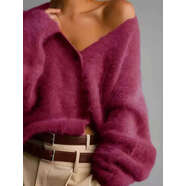 硯喧歐美貂絨V領(lǐng)針織毛衣女2025秋冬新款寬松純色開(kāi)衫女外套 暗紫羅蘭 均碼