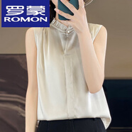 羅蒙（ROMON）絲綢真絲春夏季女裝新款緞面木耳邊圓領(lǐng)暗扣無袖襯衫純色上衣T恤 香檳色 XL