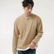 續(xù)點(diǎn)（XDIAN）亨利領(lǐng)假兩件長(zhǎng)袖t恤男棉圓領(lǐng)純色寬松拼接撞色打底衫秋冬季 卡其色 M
