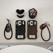 潮克仕絨布復古 森系小碎花+磁吸海綿蕾絲愛(ài)心支架+掛牌掛繩適用于新款 棕色碎花 單殼 iPhone 13 Pro Max