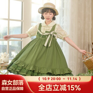 森女部落復(fù)古甜美森系風(fēng)綠色顯白娃娃裙背帶連衣裙花邊A字裙原創(chuàng) 綠色連衣裙(單件)（單件） M