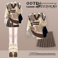 vnxifm開(kāi)春感雅丹風(fēng)穿搭連衣裙女春裝復古英倫風(fēng)返校套裝裙子 馬甲加襯衣+卡其百褶裙【開(kāi)春穿搭套裝_miu里mi S