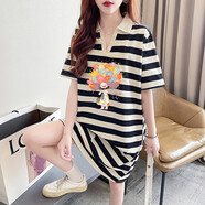 蔻黛芬POLO領(lǐng)條紋短袖T恤洋裝女洋派夏季寬松孕婦裙子大尺碼胖妹妹上衣 杏黑條紋【卡通女孩款】 2XL