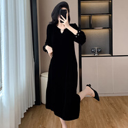 闊太太高貴優(yōu)雅絲絨連衣裙女2025秋冬輕奢顯瘦赫本風(fēng)黑色長(cháng)裙百搭 黑色 M
