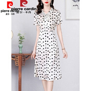 皮爾卡丹（pierre cardin）波點仿真I絲連衣裙仿桑蠶I絲高端40歲女夏季中年媽I媽小個子減齡 白色高品質 2XL 建議125-135斤