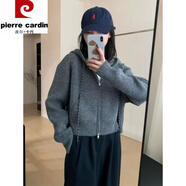 皮爾卡丹（pierre cardin）氣質(zhì)休閑連帽加厚短款開衫2025秋冬新款韓版淑女風顯瘦上衣針織衫 深灰色 均碼