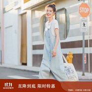 茵曼百搭簡約風(fēng)牛仔連衣裙兩件套裝夏女裝休閑背帶長裙子 淺牛仔 S