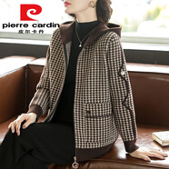 皮爾卡丹（pierre cardin）韓國千鳥(niǎo)格外套女秋冬新款媽m媽時(shí)尚休閑連帽減齡上衣春秋帶帽外 米色格【高】今年流行的輕奢品牌 M 建議【80-95斤】