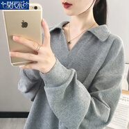 莫代爾2025春秋冬新款休閑長(cháng)袖衛衣女薄款韓版寬松刺繡POLO領(lǐng)套頭上衣 灰色 XL 建議120-150斤